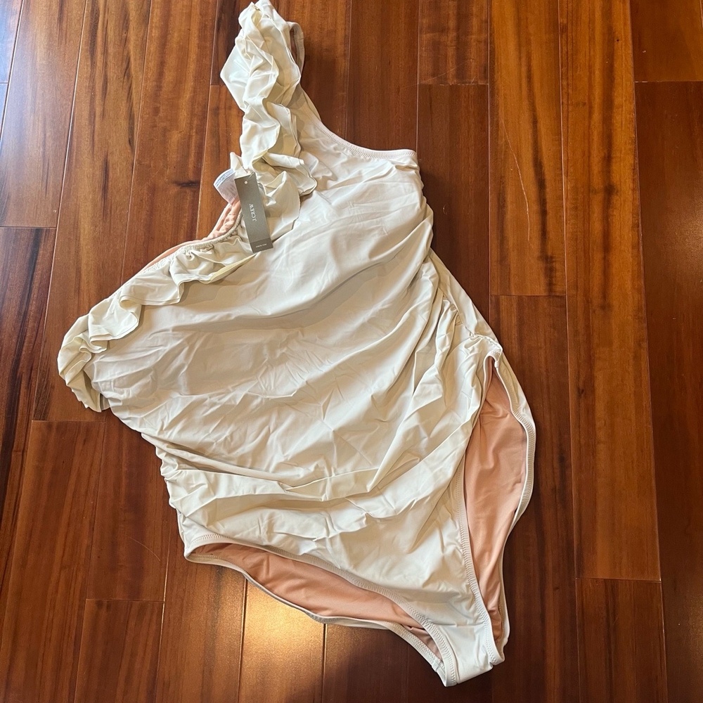 New NWT‎ J.Crew Natural Off-white Swimsuit Ruffle One-piece One-Shoulder Size 20